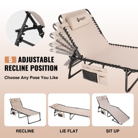 VILLEY Oversize Chaise Lounge Outdoor, Heavy-Duty Folding Lounge Chair for Outside, Portable Trifold Beach Lounger with 5 Adjustable Positions for Outdoor, Patio, Beach, Lawn, Backyard, Camping -Beige