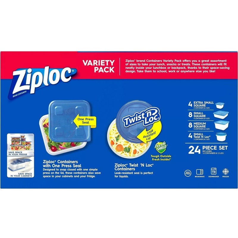 Ziploc one press seal variety 24 pk containers & Lids