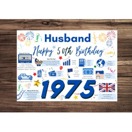 50th Birthday Card For Husband, Birthday Card For Him, Happy 50 Greetings Card Born In 1975 Facts Milestone