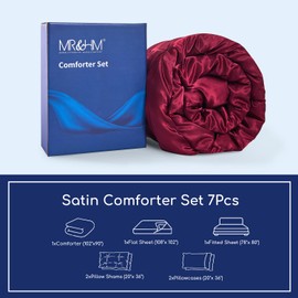 MR&HM Satin Comforter King 7 Pieces - Luxurious Pinch Pleat Bedding Set with Comforter, Flat Sheet, Fitted Sheet, Pillowcases & Shams, Super Silky Soft Bed Set for All Season (King, Burgundy)