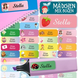 Sunnywall® Customisable Name Stickers - 4.8 x 1.6 cm - Pack of 60 - for School and Nursery Children - Choice of 38 Backgrounds, 77 MIX Girls