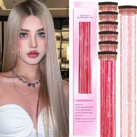 Clip in Hair Tinsel Kit, 6Pcs 20Inch Heat Resistant Glitter Fairy Hair Tinsel Clip in Extensions, Shiny Sparkle Hair Accessories for Women Girls Kids (Red)