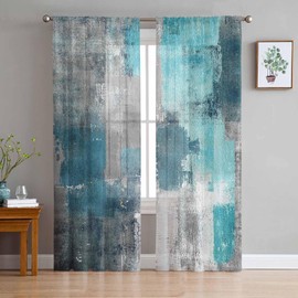 Turquoise Blue Grey Sheer Curtains 72 Inch Length 2 Panels Set for Living Room/Bedroom, Teal Abstract Art Painting Semi Curtain Sheers Drapes Rod Pocket Curtains Window Treatment Set
