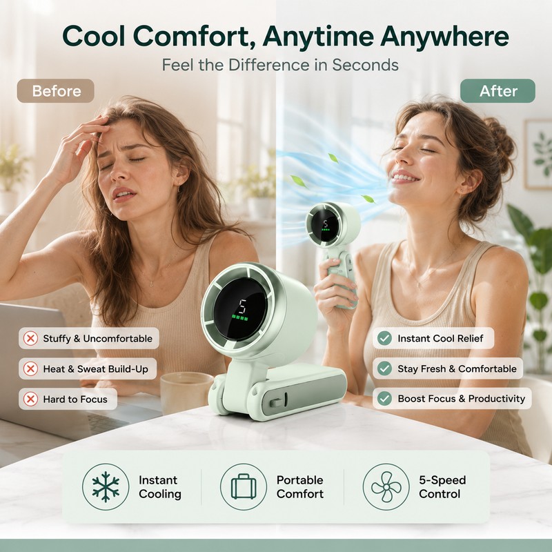 3-in-1 Portable Neck Fan for Travel – Foldable 5-Speed USB