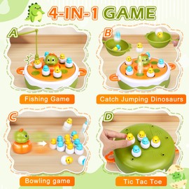 Dinosaur Magnetic Fishing Game, 4-in-1 Board Operation Game, Small Dinosaur Catapult Capture Game, Rotating Music Interactive Desktop Family Game Kids Toy 3-8 Children's Gifts