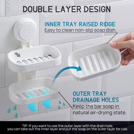 LEVERLOC Soap Dish Holder for Shower Double Layer Suction Cup Wall Mounted NO-Drilling Self Draining Removable Waterproof Strong Suction Bar Soap Sponge Holder for Shower Bathroom Bathtub Kitchen