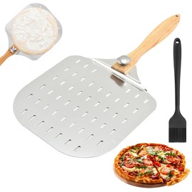 Pizza Peel 12 inch, Aluminum Pizza Spatula with Wooden Handle, Professional Perforated Pizza Peel for Outdoor Pizza Oven Accessories, with 1 Brush