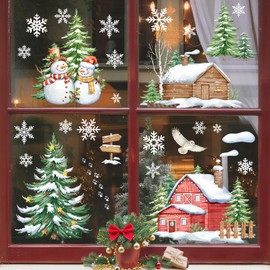Winter Pine Tree Window Clings Snowman Winter House Xmas Snowflake Merry Christmas Static Clings, Double-Side Window Decals for Holiday Decorations Home Decor Party Supplies