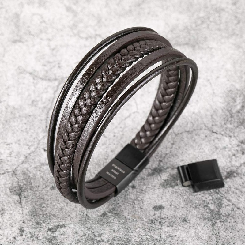murtoo Mens Leather Bracelet with Magnetic Clasp Cowhide Multi-Layer Braided