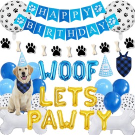Dog Birthday Decorations Hat Bandana - Blue Happy Birthday Banner Decoration Set with paw print balloons, Cute Puppy Garland Woof Lets Pawty Letter Banners for Pet Party Present