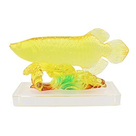 7" Feng Shui Yellow Arowana Fish Statue on Glass Base Statue