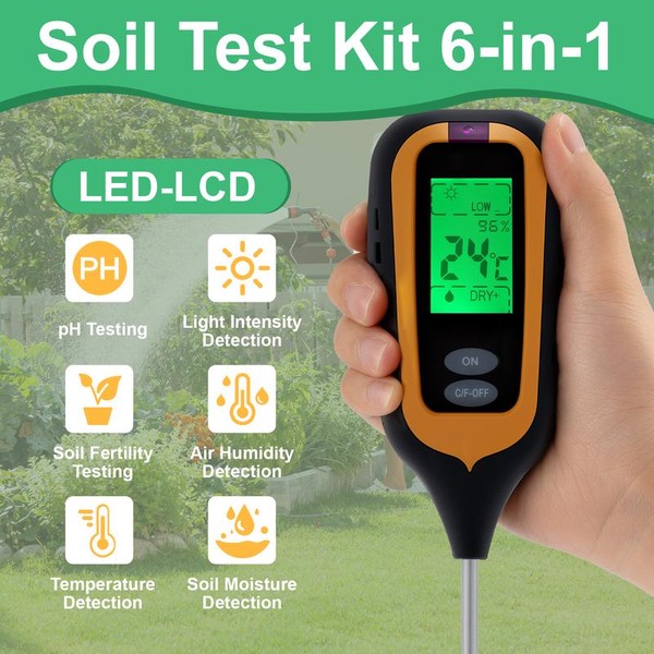 6-in-1 Soil Moisture Meter with LCD Display Instant PH, Light,
