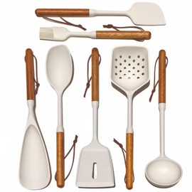 RFSCDI White Silicone Cooking Utensils Set, Kitchen Utensils Set 7 Pcs for cooking, Non-Toxic Spatula Set with Heat Resistant Wood Handles for Nonstick Cookware, (Cream White)