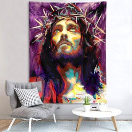 HVEST Jesus Tapestry Christian Faith Christmas Tapestries Watercolor Portrait Church Wall Decor Tapestry Wall Hanging Blanket for Living Room Bedroom Dorm Holiday Party Indie Room Decor 60X40 Inches