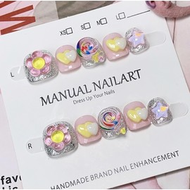 JIEADJIE Children’s Sizes Press On Nails (100% Handmade),for Schoolchild,Handmade Painted Nail Art by Nail Technician,Schoolchild Version… (sweetheart, Medium)