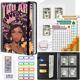 Money Saving Binder, 100 Envelopes Money Saving Challenge, Cash Envelopes Budget Binder & 3 Budgeting Planner Trackers, PU Leathers A5 Money Saving Planner Book，African Girls Inspirational Quotes