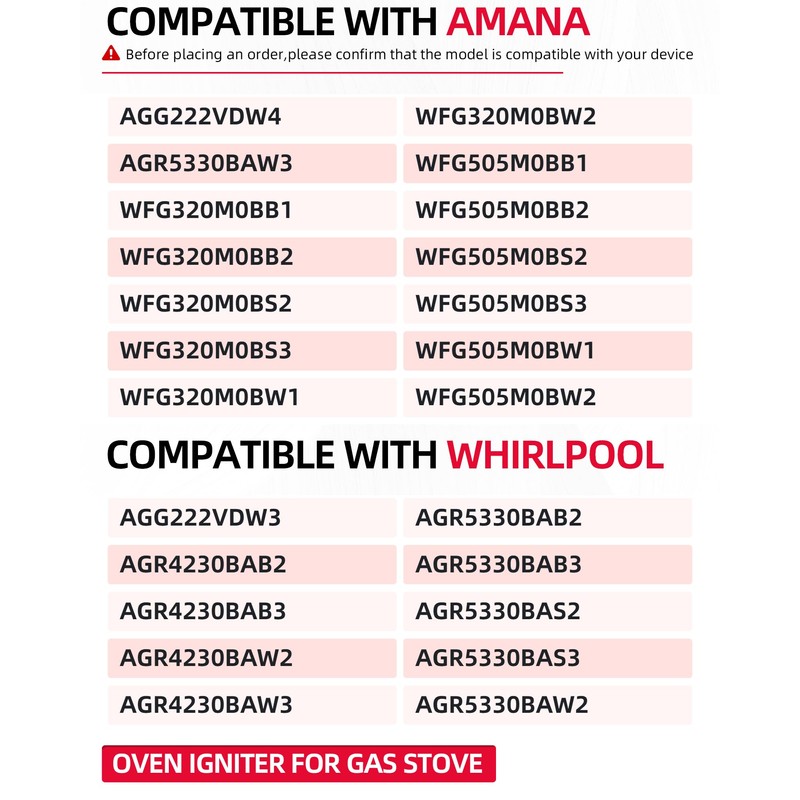 WFG320M0BB2 WFG320M0BS3 AGR5330BAS3 Igniter Fit for Amana Whirlpool