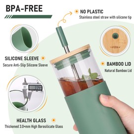 VQSV 24oz Glass Tumbler with Lid and Straw, Iced Coffee Cup,Stainless steel straw and Bamboo Lid,Smoothie cup with Silicone Sleeve,NO Plastica & BPA Free - Fits in Cup Holder(Olive-green)