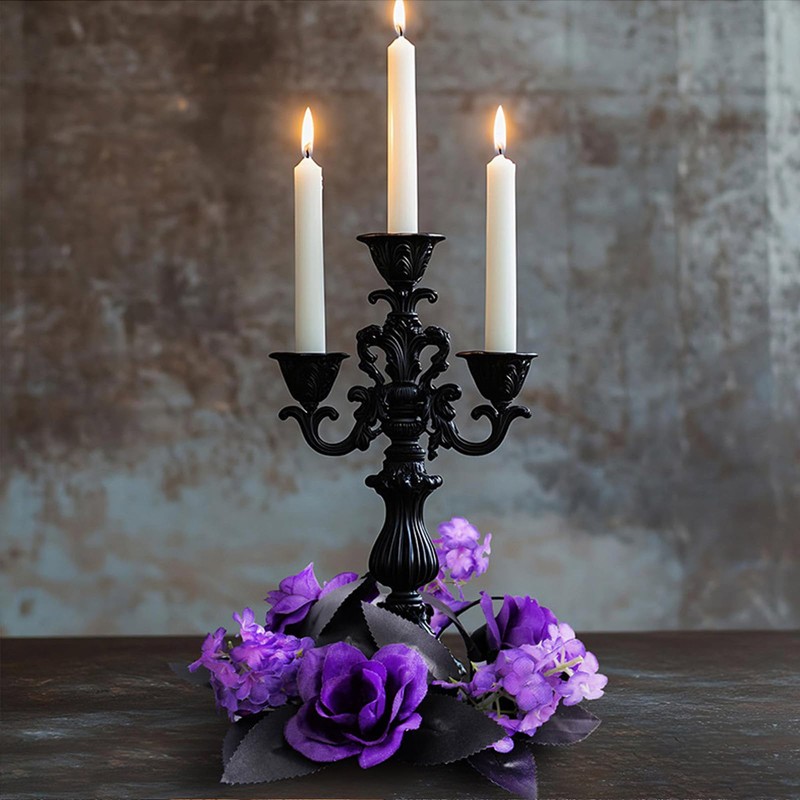 Gothic Halloween Candle Ring Wreath with Purple Roses, Black Leaves,