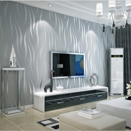 Simple Fashionable Non-woven Wallpaper 3D Embossed Three-dimensional Flocking Foaming Wave Stripes Bedroom Living Room TV Background Wall Shop Decoration20.87"Wx393.7"L Non-Pasted (Silver gray)