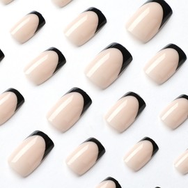 AkiliBIELY French Tip Press on Nails Square Short Medium Black Pink Fake Nails Women Cute Fantasy Glue on Nails Acrylic Gel Stick on Nails Classy False Nails Wedding Birthday