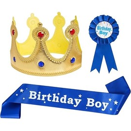 Birthday King Crown Sash and Button Pin Set for Boys Birthday Party Decorations and Photo Props