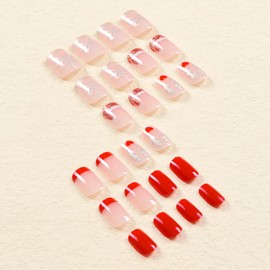 Christmas Press on Nails Short Square Fake Nails with Red Glitter French Tip Bow Designs Xmas Bow Santa Hat False Nails Press ons Xmas Glossy False Nials for Women 24 Pcs