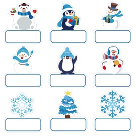 JarThenaAMCS 90Pcs Winter Christmas Name Tag Stickers Blue Cartoon Snowman Penguin Snowflake Self-Adhesive Gift Label Decals for Xmas Holiday Birthday Present, 9 Designs
