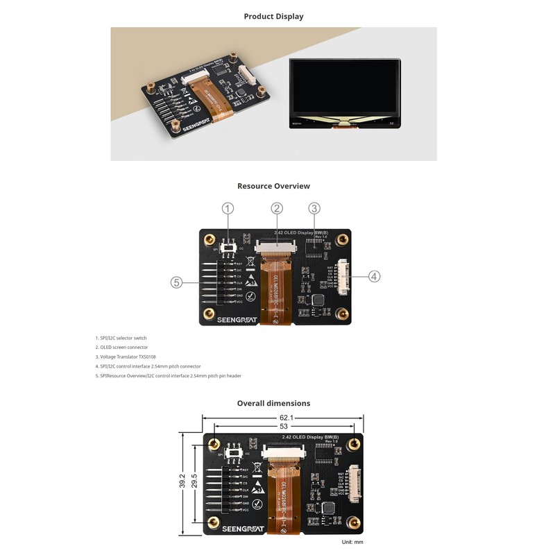 2.42inch OLED Display Module - 128x64 Resolution, SPI/I2C, Fits Raspberry