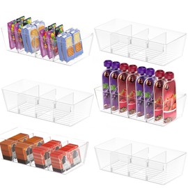 BALEINE Pantry Organizers and Storage Bins, Plastic Clear Storage Bins with 3 Removable Dividers, BPA-Free Fridge Organizers for Kitchen Cabinet Bathroom (10.5x6.1x3.5, 6PK)