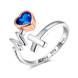 ZLILIJAN 925 Sterling Silver Adjustable Rings Faith Hope Love Ring Paramedics Heartbeat/Angel Wing Rings for Doctor Nurse Medical Student Inspirational Jewelry for Women (Blue gem ring)