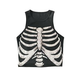 Meladyan Women Y2K Skeleton Graphic Print Aesthetic Crop Tank Top Sleeveless Ribbed Knit Grunge E-Girl Goth Cropped Vest Tops Black