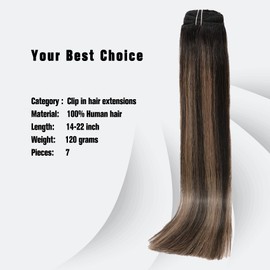 Clip in Hair Extensions 120G 100% Brazilian Remy Human Hair Extensions 9A Thickened Soft Silky Straight for Fashion Women 7pcs 17clips Natural Black to Chesnut Brown Highlight Black (22Inch #1BT6P1B)