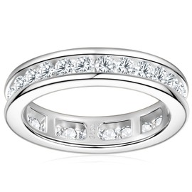 TIMEFASHION 3mm Full Moissanite Wedding Band Eternity Ring 1.5cttw D Color 925 Sterling Silver Channel Setting Stackable Anniversary Ring for Women Birthday Jewelry, Sterling Silver, Moissanite