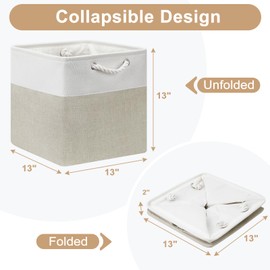 13x13 Storage Cube Bins 4Pack,Collapsible Cube Storage Organizer for Closet, Fabric Storage Box w/ Rope Handles, Foldable Storage Baskets for Shelves, Clothes,Closet Organization - White/Coffee