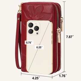 MoraMok Genuine Leather Wallet for Women, Large Capacity Credit Card Holder Wallet with RFID Blocking, Double Zipper Pocket, Phone Wristlet Purse (Wine Red)