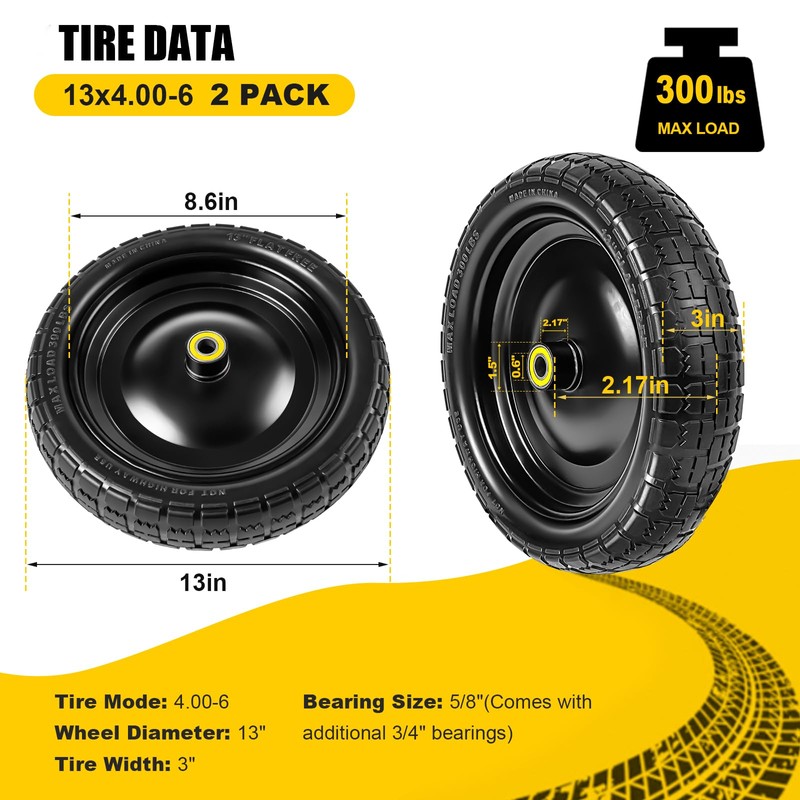 13" 4.00-6 Flat Free Wheels Replacement 2-Pack Solid Tire and