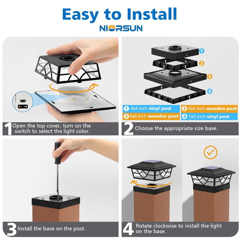 NIORSUN Solar Post Lights Outdoor 12 Pack, 2 Modes LED,