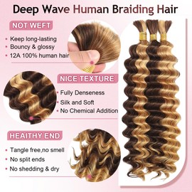 FONFUNY Human Braiding Hair for Boho Braids 20 Inch 120g Highlight Balayage Deep Wave Boho Bulk Human Hair for Braiding Knotless 12A Curly Wet and Wavy Bohemian Braids No Weft 3 Bundles 4/27 Color