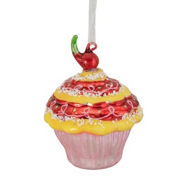 3" Red and Yellow Cupcake with Cherry Glass Christmas Ornament