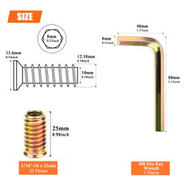 5/16-18 Threaded Inserts, Wood Inserts, Steel Threaded Inserts for Wood Furniture Screw, HELIFOUNER 25 Pieces 5/16”-18 x 25mm Threaded Inserts with Hex Wrench for Wood Furniture