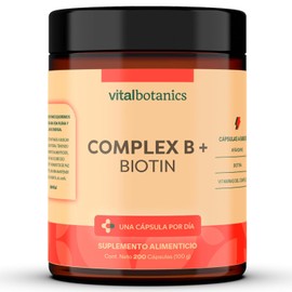Complejo B con Vitaminas B1 B2 B3 B5 B6 B12 Biotina Niacina y Arándano - 200 Cápsulas de 500mg - Más de 6 Meses - Suplemento Multivitamínico Libre de Gluten y Aditivos - VitalBotanics