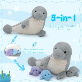 MorisMos Stuffed Manatee Stuffed Animal Plush with Baby Inside, 4PCS Sea Cow Plush Stuffed Animal 19 Inch, Cute Sea Animal Toys for Kids Girls Boys Grey