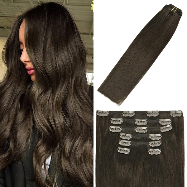 WindTouch Clip in Hair Extensions Dark Brown For Women 20Inch Soft Human Remy Hair Extensions Clip Ins #2 70g 7PCS Valentine's Day For Women