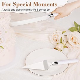 Juego de corte de pasteles para bodas, cuchillos de madera y juego de servidores, juego de 2 piezas, cortador de tartas, utensilios de pizza plateados, utensilios de postre, aniversario de novia, cumpleaños, regalo de quinceañera (blanco)