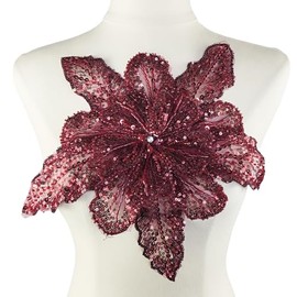 Carytalee 1PC 3D Lace Sequin Beaded Flower Sew on Embroidered Lace Applique Trim DIY Sewing Patch Wedding Dress Applique Decoration, Burgundy, 11.8 x 11 Inch