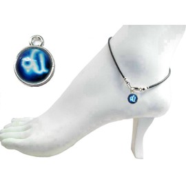 Black Leather 9" Anklet with 10mm Round Zodiac Capricorn Symbol Glass Cabochon Charm ~ Sterling Silver Clasp