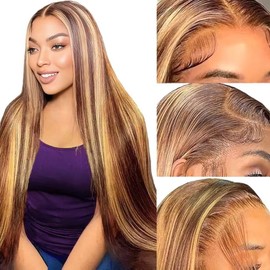 Arsola 22 Inch Ombre Highlight 13x6 Lace Front Wigs Human Hair 180% Density HD Transparent Pre Plucked Straight Lace Front Wigs Glueless #4/27 Colored Honey Blonde Human Hair Wig for Women