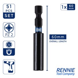 51 x Rennie Tools 25mm Long PZ2 Impact Screwdriver Driver Bits Set with Bit Holder. Heavy Duty PoziDriv POZI No.2 Screwdriver Bit Set. PZ2 Impact Driver Bits Pozidrive Screw Accessories