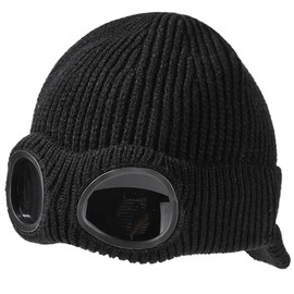 Yixda Unisex Goggles Winter Hats Peaked Ski Hat Warm Thick Fleece Lined Knit Beanie Cap (Black)